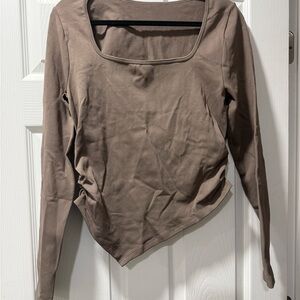 Asymmetric Square-Neck Long Sleeve Top in Taupe